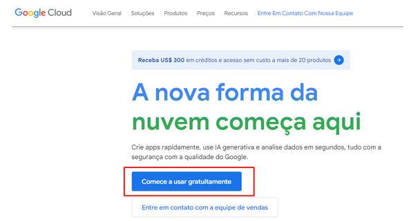 Parte do site para o acesso à nuvem Google. Na parte inferior, é possível localizar o botão com a opção “Começar a usar gratuitamente”, que encontra-se em destaque por meio de um retângulo vermelho.