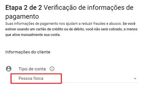 Tela para inclusão de dados pessoais do usuário que irá acessar a nuvem Google. Seleção do tipo de conta para pessoa física.