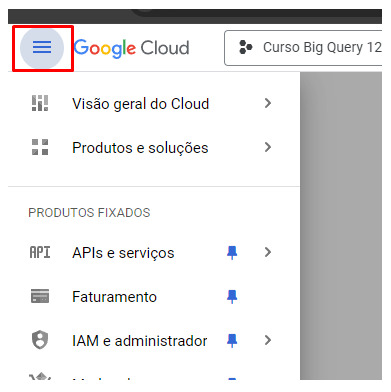 Menu principal da nível google com várias opções de acesso em destaque. Este ícone,onde as opções podem ser visualizadas, encontra-se em destaque por meio de um retângulo vermelho