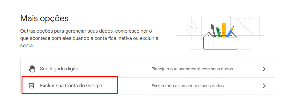 Sessão Mais opções com a opção Excluir sua conta google em destaque entre retângulo vermelho.