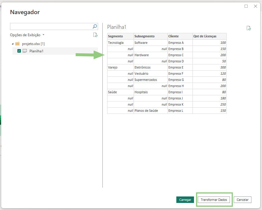 Print da pré visualização da planilha com células mescladas carregadas no Power BI, no print é possível identificar que várias células foram lidas como “null”, ou seja, vazias.