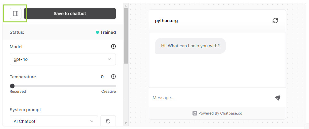 Tela de configuração do Chatbot no Chatbase. À esquerda, há um menu suspenso com opções para salvar o chatbot. Há um menu "Status" que mostra "Trained", um menu "Model" com o valor "gpt-4.0", um menu "Temperature" com um slider e um menu "System prompt". À direita, há uma janela de bate-papo com o título "python.org" e a mensagem "Hi! What can I help you with?". Há um campo de texto para inserir uma mensagem e um botão para enviar a mensagem. 