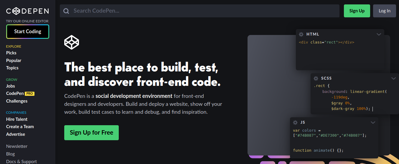 pagina inicial do codepen