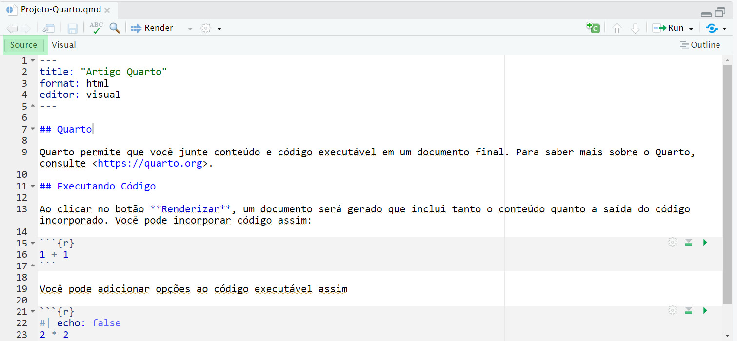 Captura de tela do documento Quarto no editor Source, com o markdown exposto. O botão de Source está destacado com uma marcação verde.