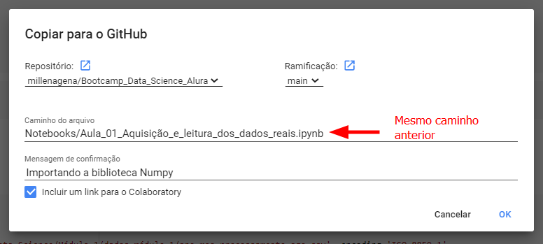 Imagem da tela de Copiar para o GitHub, dessa vez salvando uma alteração feita no notebook e realizando o commit #inset