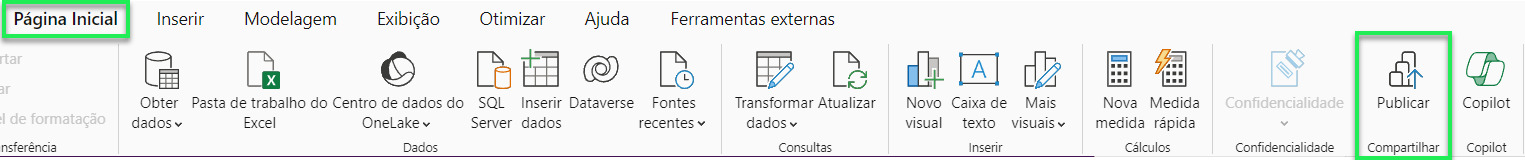 Captura de tela do botão de Publicar no Power BI Desktop, com a aba de Página Inicial e o botão de Publicar destacados com um retângulo verde.