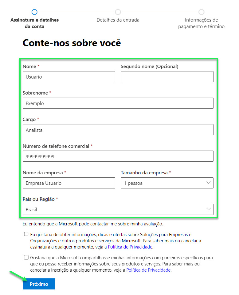 Captura de tela da etapa de “Conte-nos sobre você”, com os campos de informações pessoais destacados com um retângulo verde. Temos o botão “Próximo”, no canto inferior esquerdo, destacado com uma seta verde.