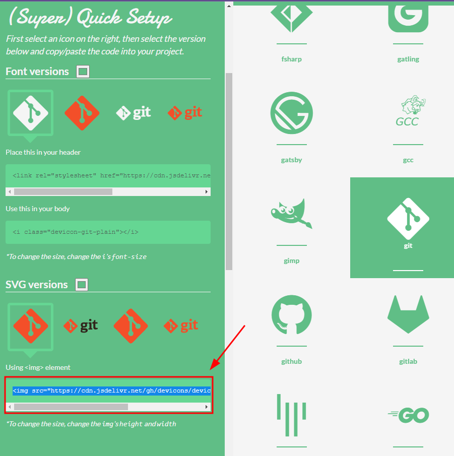 Tela do Devicon com uma listagem de ícones à direita com um fundo branco, onde está selecionado o ícone do Git. E à esquerda, com fundo verde, estão versões font e SVG com seus respectivos códigos, sendo em destaque o código da tag <img loading="lazy"> da primeira versão SVG da lista.