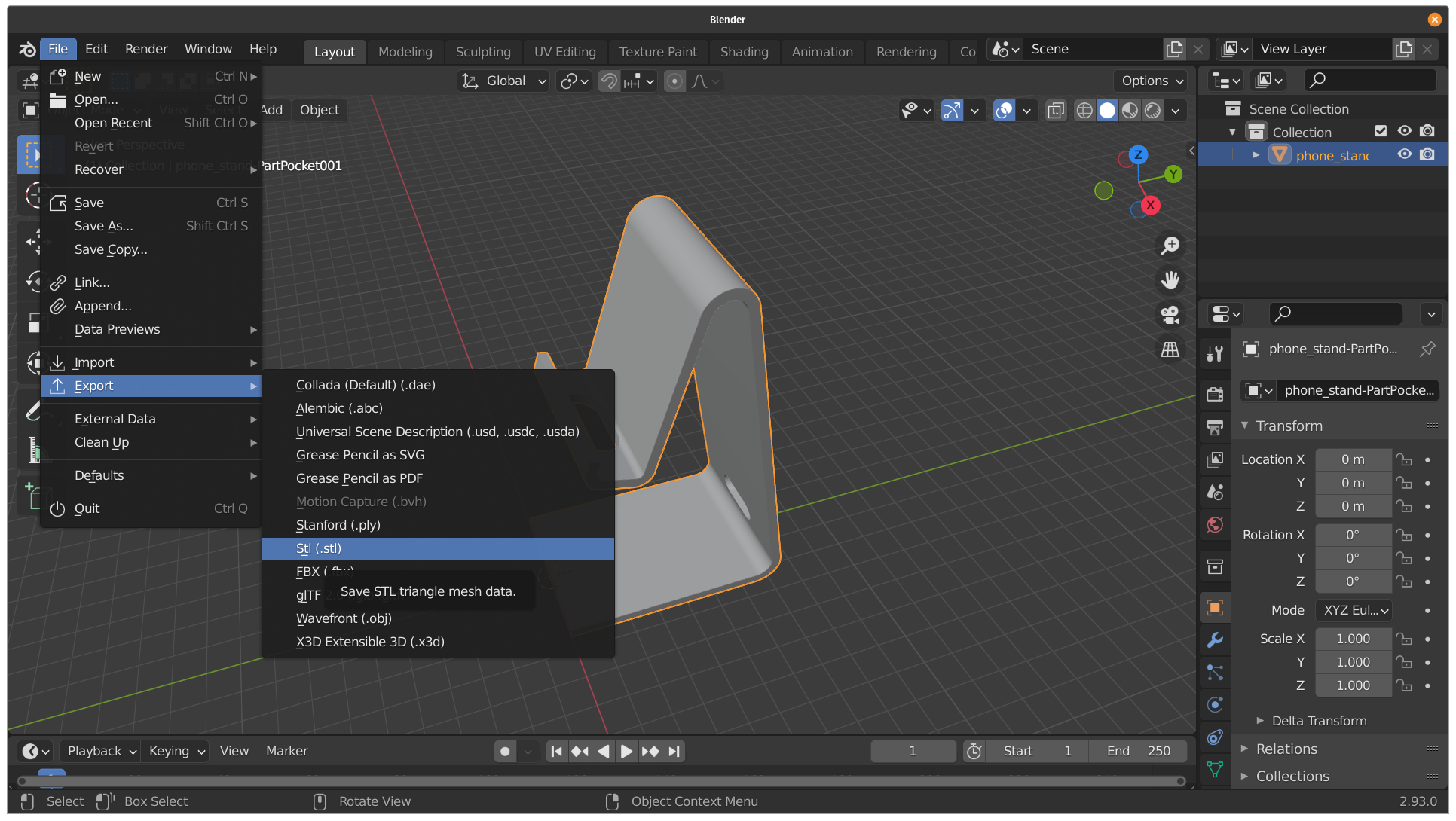 O programa Blender com o menu File aberto na opção Export -> Stl (.stl)