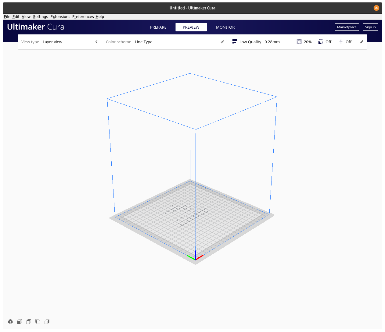 Captura de tela do software Ultimaker Cura com um projeto vazio