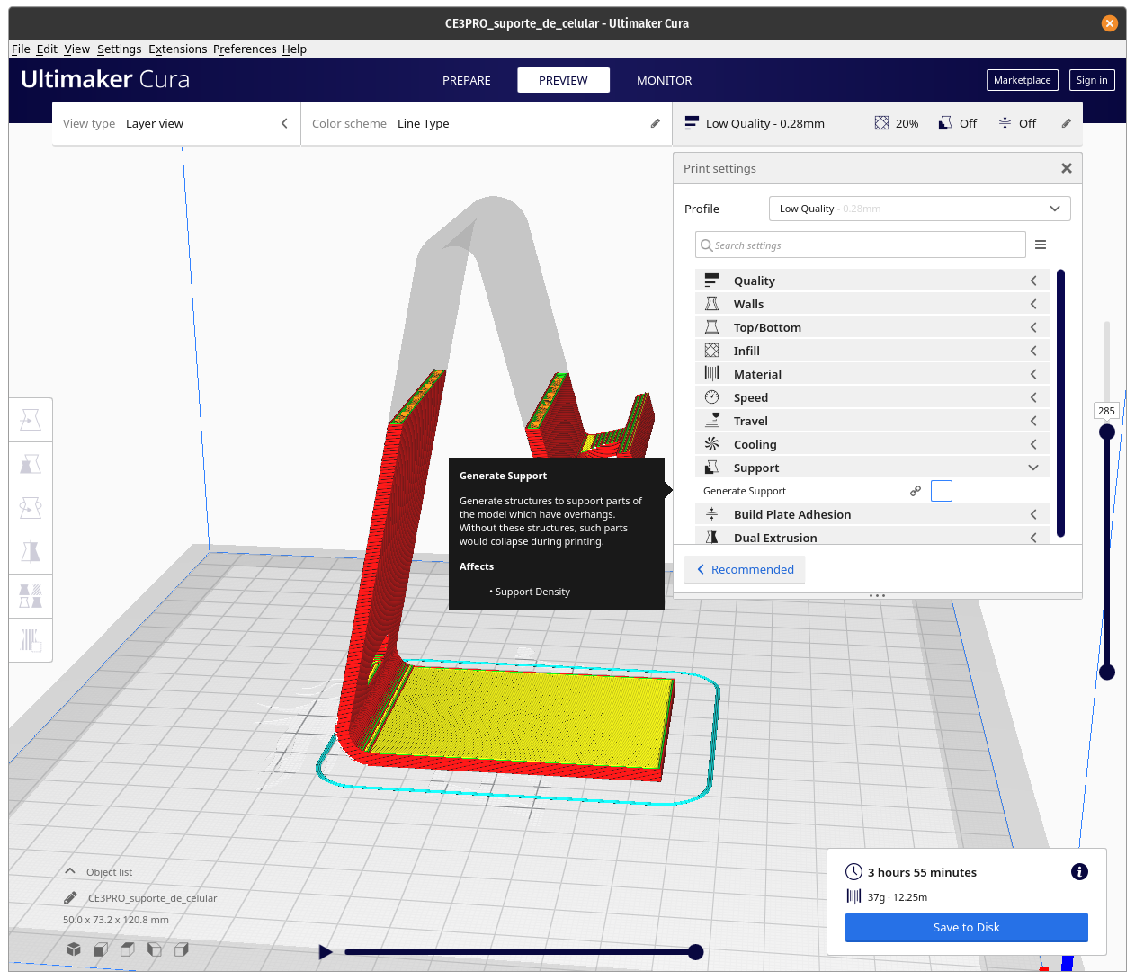 Captura de tela do Ultimaker Cura mostrando o menu de configurações de impressão prestes a selecionar a opção “Generate Support”