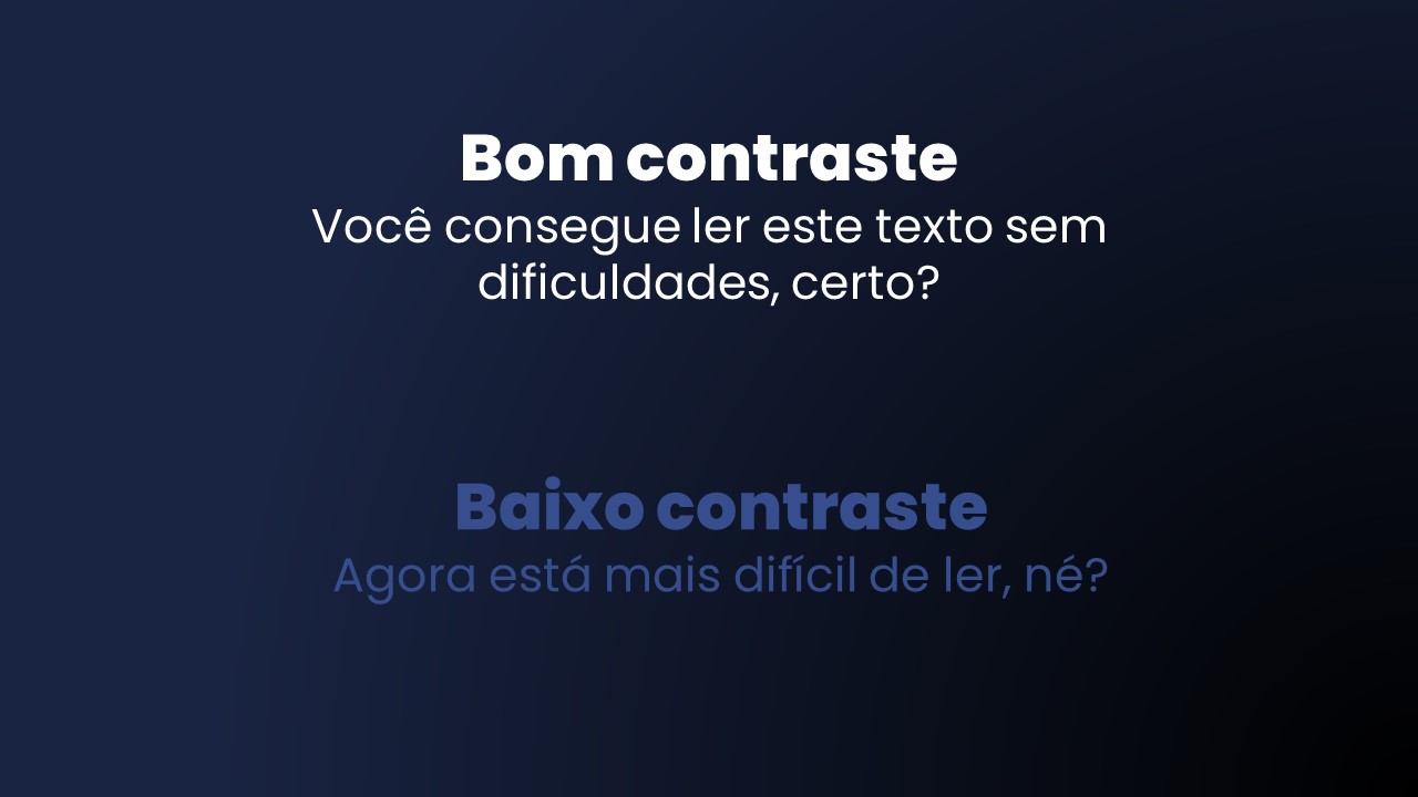 A imagem mostra duas amostras de texto sobre um fundo escuro. A amostra superior apresenta letras brancas, enquanto a amostra inferior utiliza letras azuis-escuras.