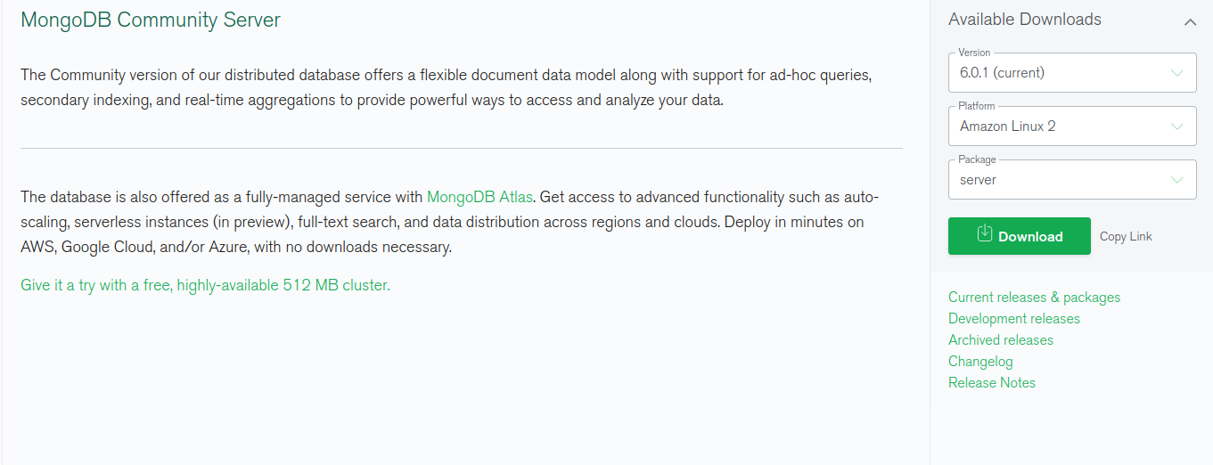 Página de download do MongoDB community server.