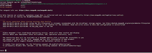 Terminal do Linux, onde foi utilizado o comando mongosh para iniciar o MongoDb Shell.