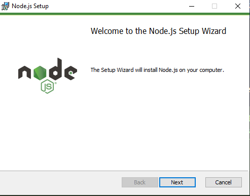 Tela da janela do instalador do Node, com um fundo branco e texto em preto. Na parte superior da janela, do lado direito, está escrito “Welcome to the Node.js Setup Wizard”. Logo abaixo, do lado esquerdo está o logotipo do Node.js e à sua frente, do lado direito, em letras menores, está escrito o texto “The Setup Wizard will install Node.js on your computer.” Abaixo temos uma linha horizontal que antecede os botões “Back”, “Next” e “Cancel”, dispostos horizontalmente, onde o botão “Back está com uma cor acinzentada, representando que está desabilitado e o botão “Next” está com uma borda em azul que representa que ele está selecionado.