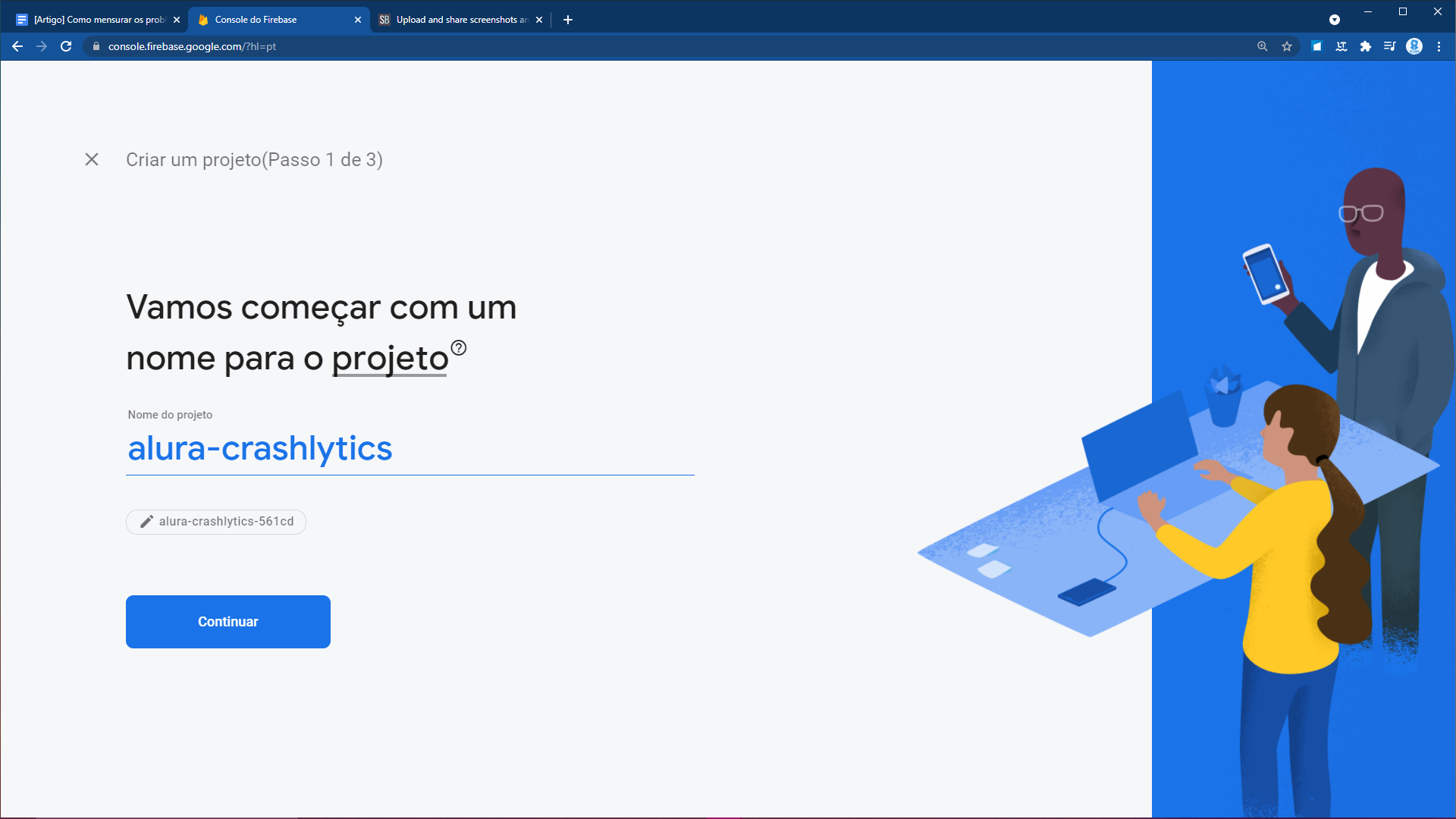 Na imagem, há os seguintes dizeres: na parte superior da página, há os dizeres “Criar um projeto (Passo 1 de 3). Abaixo, há uma frase em destaque que diz: “Vamos começar com um nome para o projeto”. Em seguida, há um campo de preenchimento do nome do projeto, onde já preenchemos com “alura-crashlytics”. Por último, há um botão clicável em forma de retângulo, na cor azul, que diz “Continuar”.