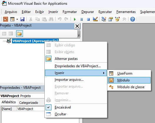 Interface do editor Microsoft Visual Basic for Applications (VBA) com o menu de contexto aberto em um projeto chamado "VBAProject (Apresentação)". No menu de contexto, a opção "Inserir" está selecionada, e o submenu mostra três opções: "UserForm", "Módulo" (que está destacado) e "Módulo de classe".