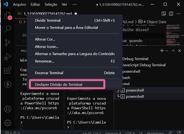 A imagem mostra o editor de código VS Code, em fundo preto, e o terminal integrado aberto. Há uma seção em cima do terminal que corresponde ao clique com o botão direito do cursor. Algumas opções estão disponíveis respectivamente: “Dividir terminal, Mover o Terminal para a Área Editorial, Alterar Cor, Alterar ícone, Alternar o Tamanho para a Largura do Conteúdo, Renomear, Encerrar Terminal, Desfazer Divisão do Terminal”. A opção “Desfazer Divisão do Terminal” está destacada com uma caixa da cor rosa em volta.