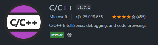 Na esquerda da imagem temos um círculo roxo com C barra C mais mais escrito no centro dele em uma barra branca com preto. Em uma fonte maior temos C barra C mais mais escrita na parte superior. Temos ao lado, em uma fonte menor, a versão da extensão. Nesse caso a versão é a um ponto sete ponto um. Abaixo temos o autor da extensão, o número de Downloads e classificação em até cinco estrelas. A extensão é da Microsoft e a extensão possui quase quatro estrelas. Logo abaixo, no meio da imagem está uma breve descrição do que a extensão faz. Está escrito em inglês C barra C mais mais IntelliSence, debigging, and code browsing. Abaixo temos o botão verde com a opção Instalar. Ao lado dessa opção temos uma engrenagem.