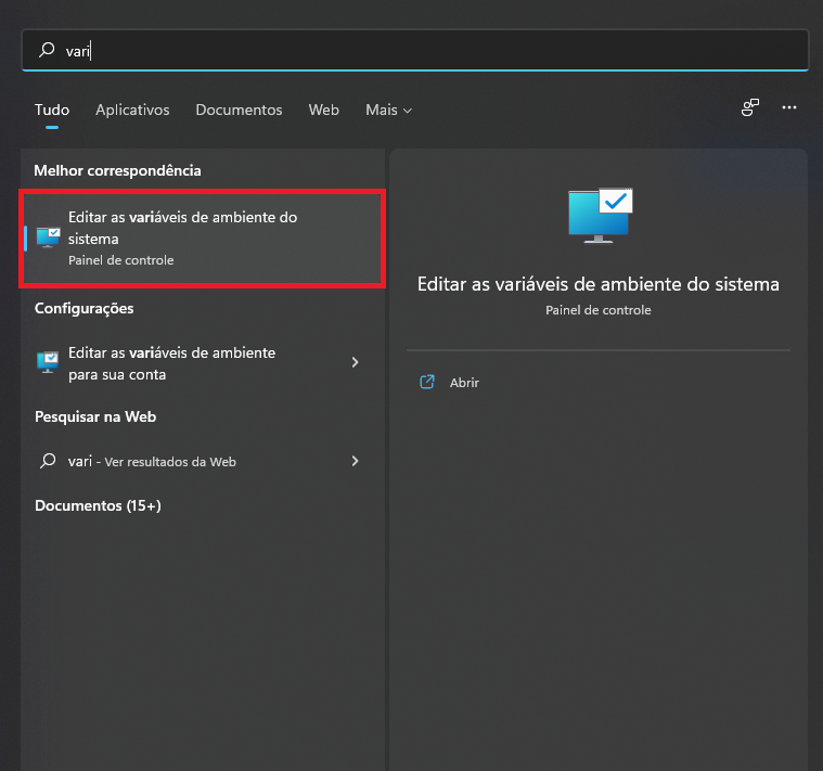 Imagem do pesquisar no windows com vari escrito a opção de busca. Abaixo temos diversas opções. Temos opções como Tudo e Aplicativos logo abaixo da barra de pesquisa. Mais abaixo temos a melhor correspondência. Essa opção é “Editar as variáveis de ambiente do sistema”. Ela tem como símbolo um monitor com um check na parte superior direita dele. Essa opção está destacada com um retângulo vermelho.