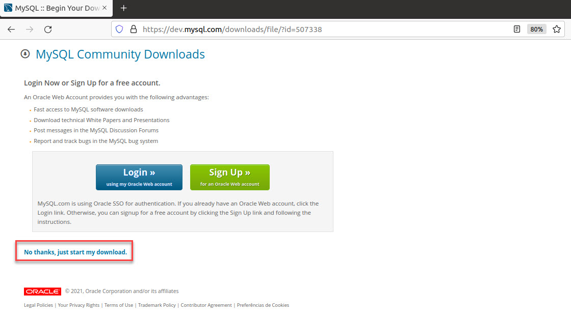 Página do site de downloads do MySQL. No canto inferior esquerdo está escrito “No thanks, just start my donwload”, destacado com um retângulo vermelho.