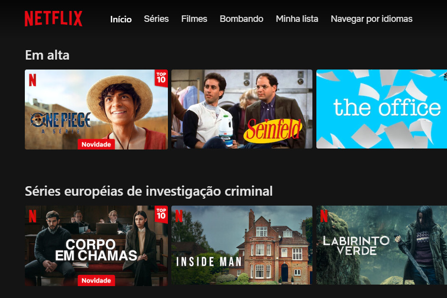 Print da página inicial do Netflix que mostra o menu de navegação superior com as opções de início, séries, filmes, etc. E também coloca em destaque algumas categorias de conteúdos da plataforma, como é o caso do “Em alta” e do “Séries europeias de investigação criminal”.