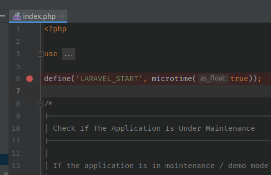 Alt: print de tela de edição do editor com o arquivo “index.php” aberto e com um círculo preenchido em vermelho bem como a linha 06 toda marcada em vermelho representando um breakpoint no arquivo.