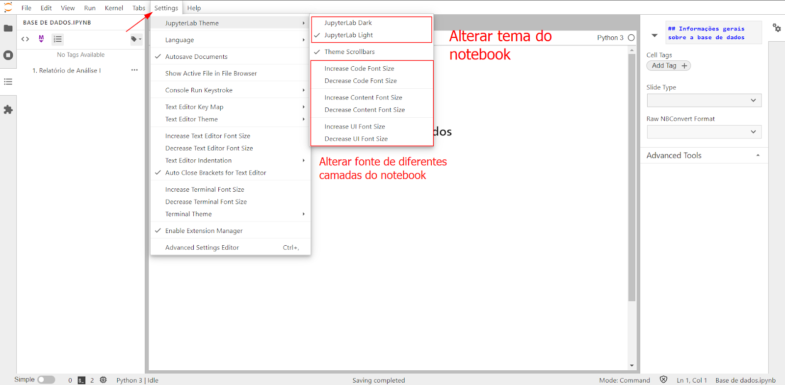 No print temos uma seta apontando para a palavra Settings que está na parte superior da tela. Abaixo de Settings há uma lista de opções de personalização da página, com destaque para as opções de mudança de tamanho de fonte e de tema do JupyterLab #inset