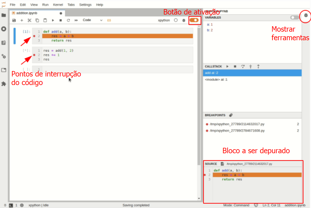 Utilização do Debugger no JupyterLab, indicação do botão de ativação do Debugger, botão de informações do Debugger e setas indicando pontos de interrupção do código para depuração  #inset