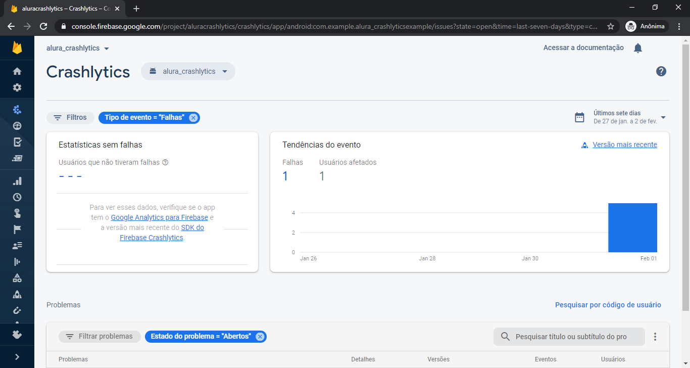 Imagem do dashboard de erro do Firebase Crashlytics exibindo um erro detectado