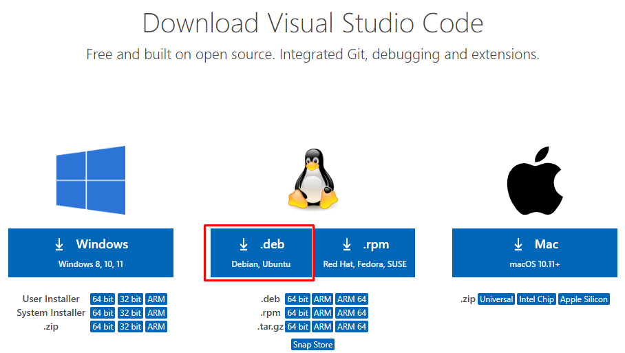 alt text: Na imagem mostra um recorte da imagem do site de download do VS Code e destaca em um quadro vermelho a extensão .deb.