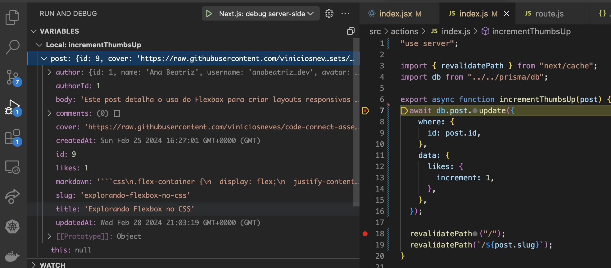 Arquivo no VS Code com breakpoint dentro do metodo increment thumbs up a fim do depurador parar na linha 7, onde é atualizado o thumbs up.