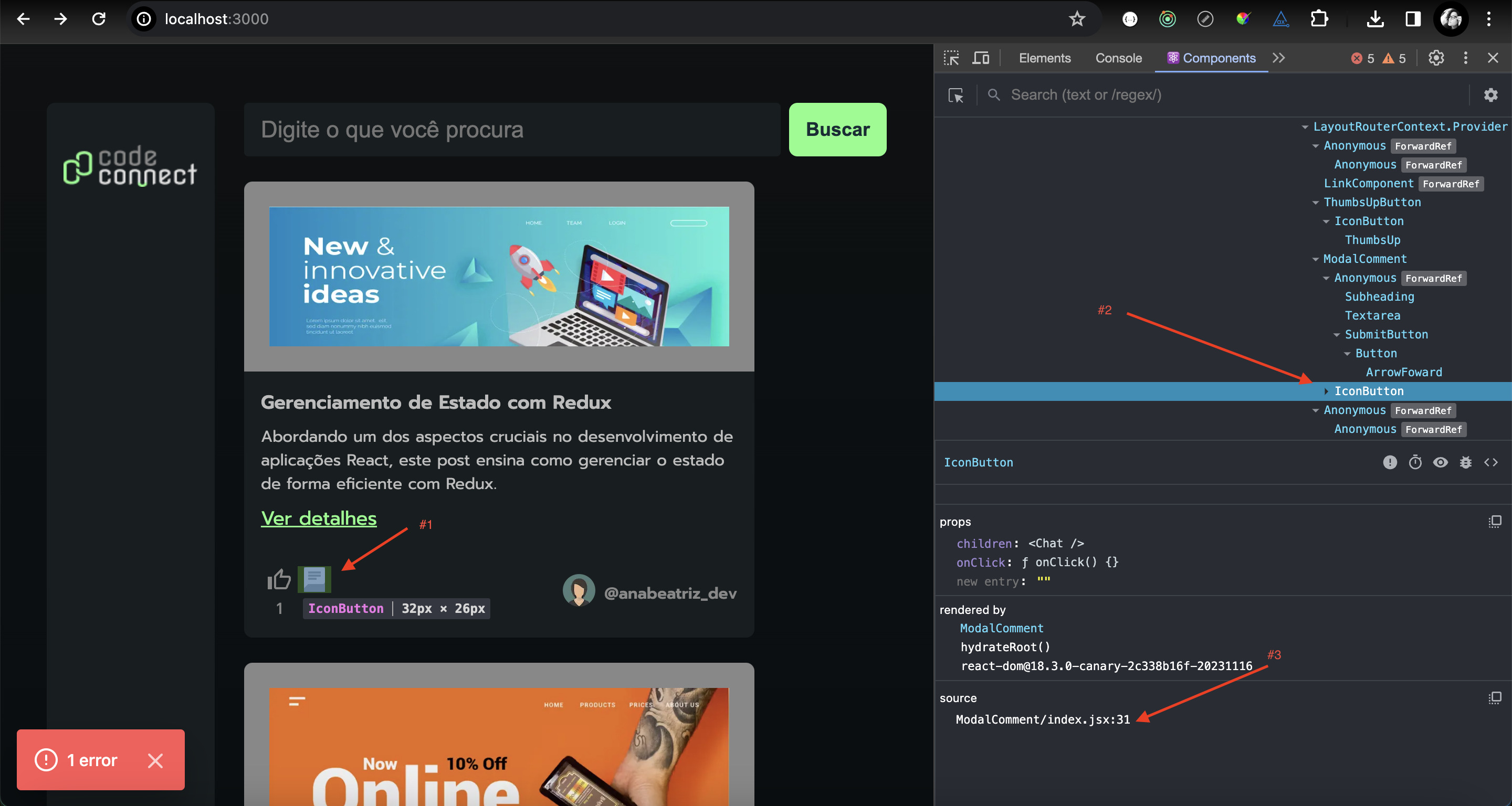 Página web com a ferramenta developer tools aberta com setas indicando, o nó do elemento modal de comentário e icone do botão mensagem.