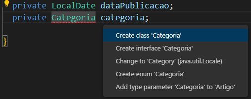 alt text: Imagem com fundo preto, mostrando as sugestões de correção para o tipo Categoria, não reconhecido como um tipo de um pacote conhecido Java.