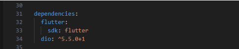 Trecho de um arquivo de configuração YAML mostrando as dependências de um projeto Flutter. O código inclui as dependências para o Flutter SDK e o pacote Dio com a versão 5.5.0+1.