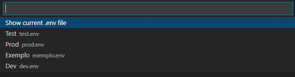 Imagem que mostra o print de um menu superior no VSCode. Esse menu mostra a lista de arquivos de configuração .env que existem no projeto, para que seja selecionado um desses arquivos.