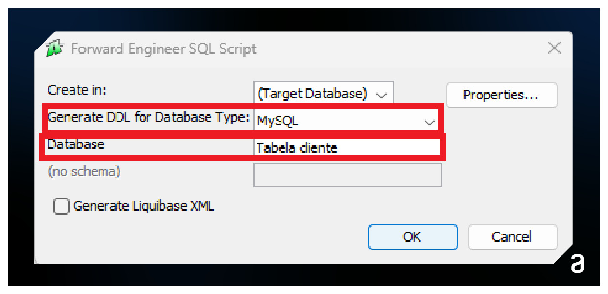 Print da janela de engenharia direta para SQL com as opções “Generate DDL for Database Type” e “Database” marcadas em vermelho.