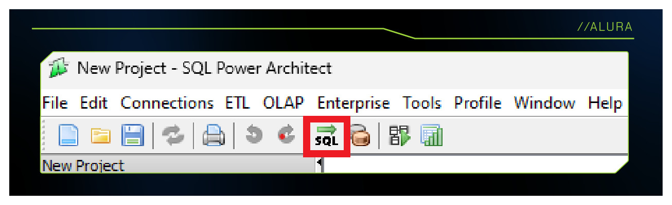 Print do menu do Power Architect com a opção de engenharia direta para SQL marcada com um quadrado vermelho.