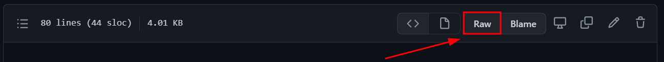 Barra superior de um arquivo README no GitHub com destaque na opção Raw no canto direito, esta opção está entre os botões de “Copiar” e “Blame”.