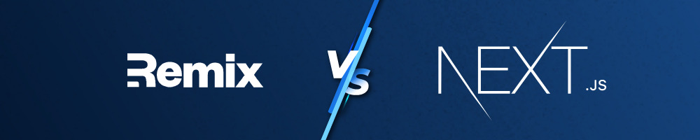 Banner dividido em duas partes: à esquerda, em fundo azul e letras brancas, o logotipo do Remix; no centro a abreviação de versus; à direita, em fundo azul e letras na cor branca, o logotipo do Next.js.