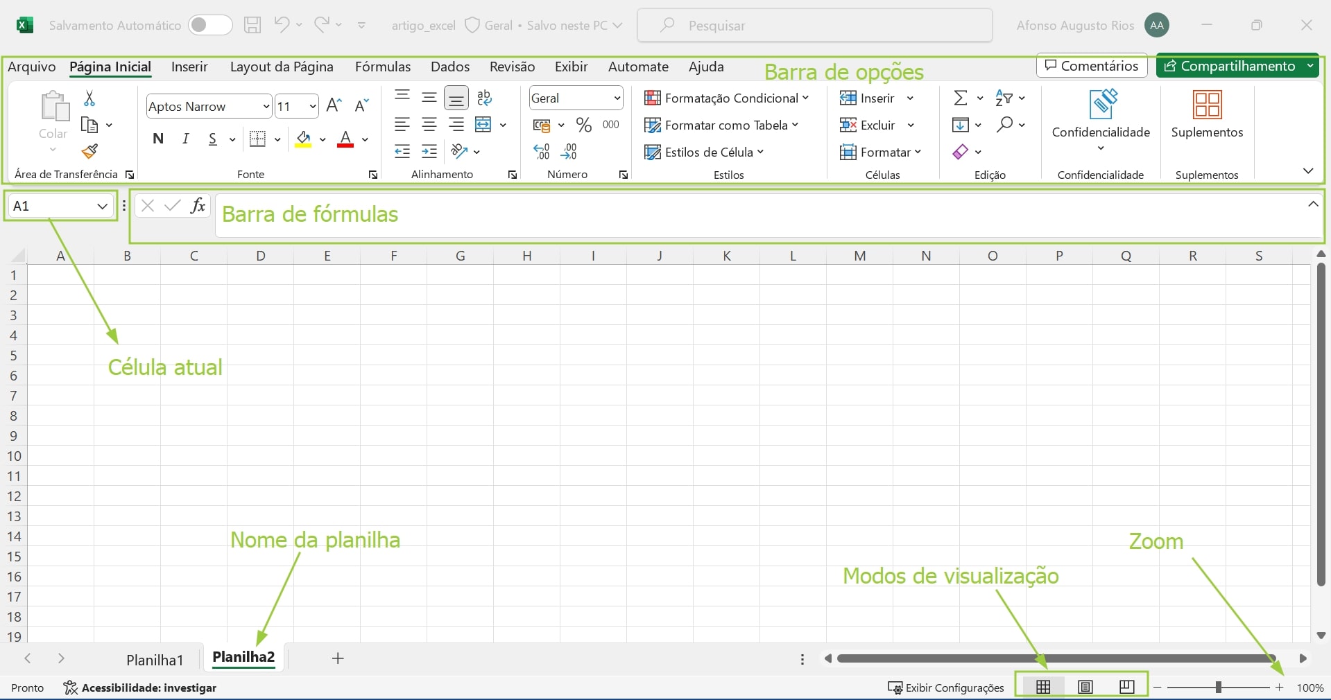 alt-text: Print da Página Inicial do Excel, com destaques dos recursos da ferramenta. No topo, temos 3 retângulos verdes sem preenchimento, destacando a Barra de opções, Barra de fórmulas e Célula atual, respectivamente. Na parte inferior da página, temos 3 setas verdes, destacando da esquerda para a direita o Nome da planilha, Modos de visualização e Zoom.