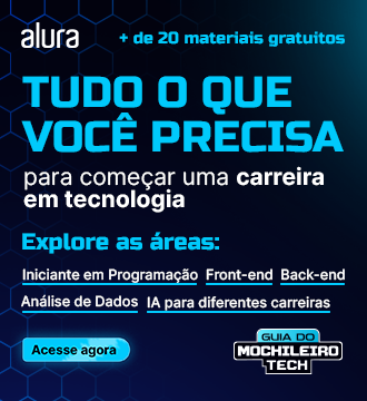 Banner promocional da Alura, com um design futurista em tons de azul, apresentando dois blocos de texto, no qual o bloco esquerdo tem os dizeres: 