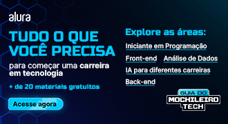 Banner promocional da Alura, com um design futurista em tons de azul, apresentando dois blocos de texto, no qual um tem os dizeres: 