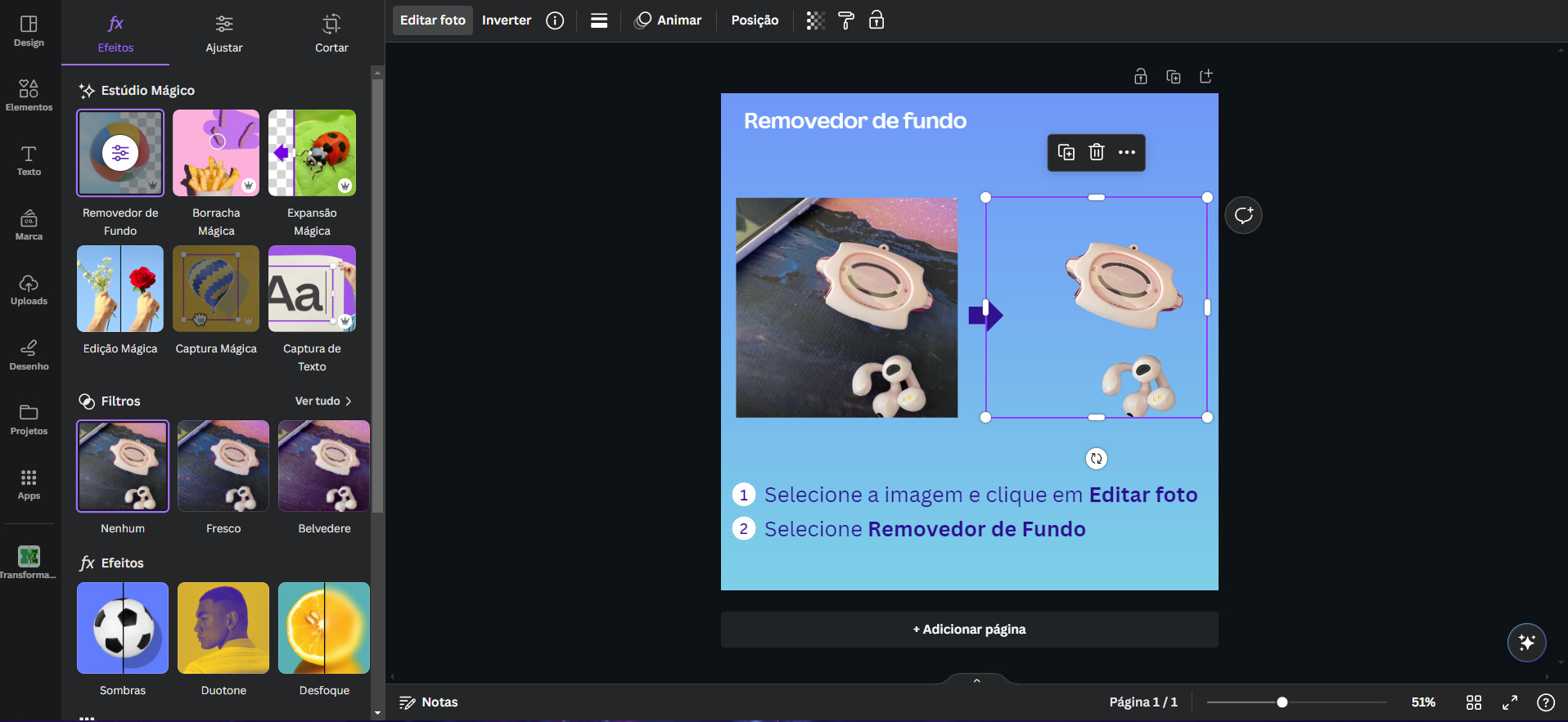 PrintScreen da ferramenta Removedor de Fundo do Canva apresentando o antes e depois com fones de ouvido.