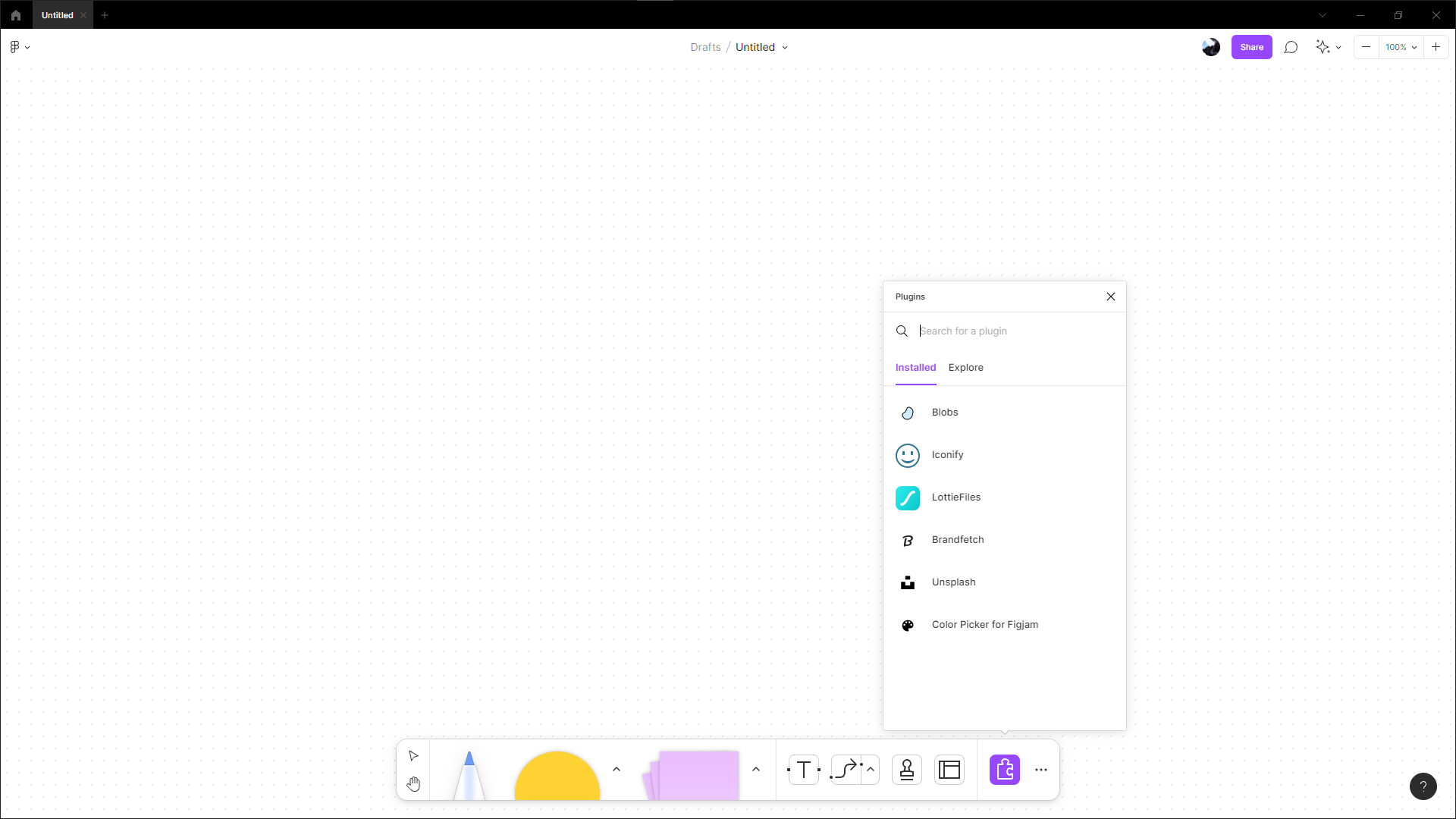 Tela do FigJam em branco com o menu inferior destacando a aba de plugins.