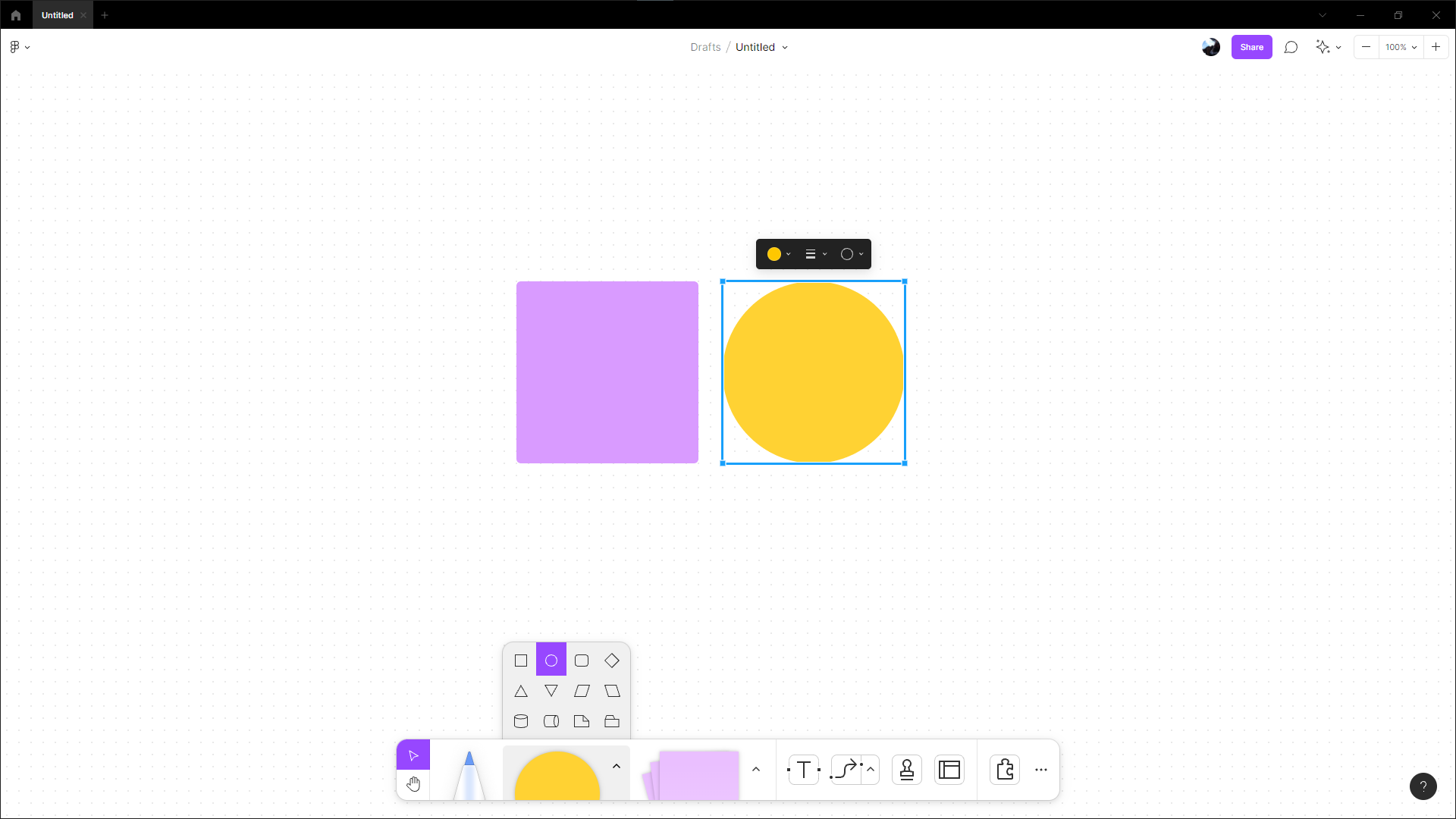 Tela do FigJam com um quadrado roxo ao centro e um círculo amarelo do lado direito do quadrado. A ferramenta de formas está destacada logo abaixo no menu inferior central, onde é possível selecionar a forma desejada.