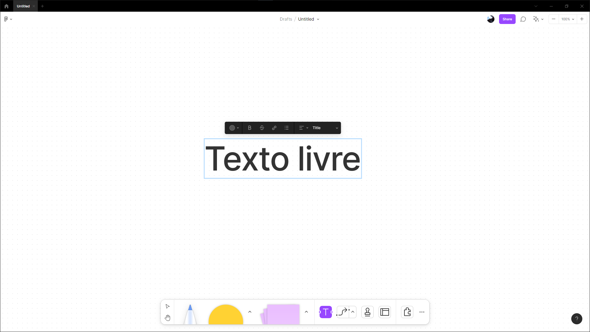 Tela do FigJam com uma caixa de texto grande ao centro escrito “texto livre”, onde aparece uma linha de ferramentas para editar esse texto.