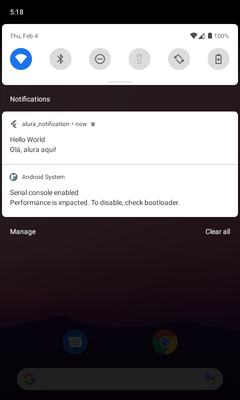 Print da tela de um emulador Android exibindo a notificação de push recebida pelo aplicativo