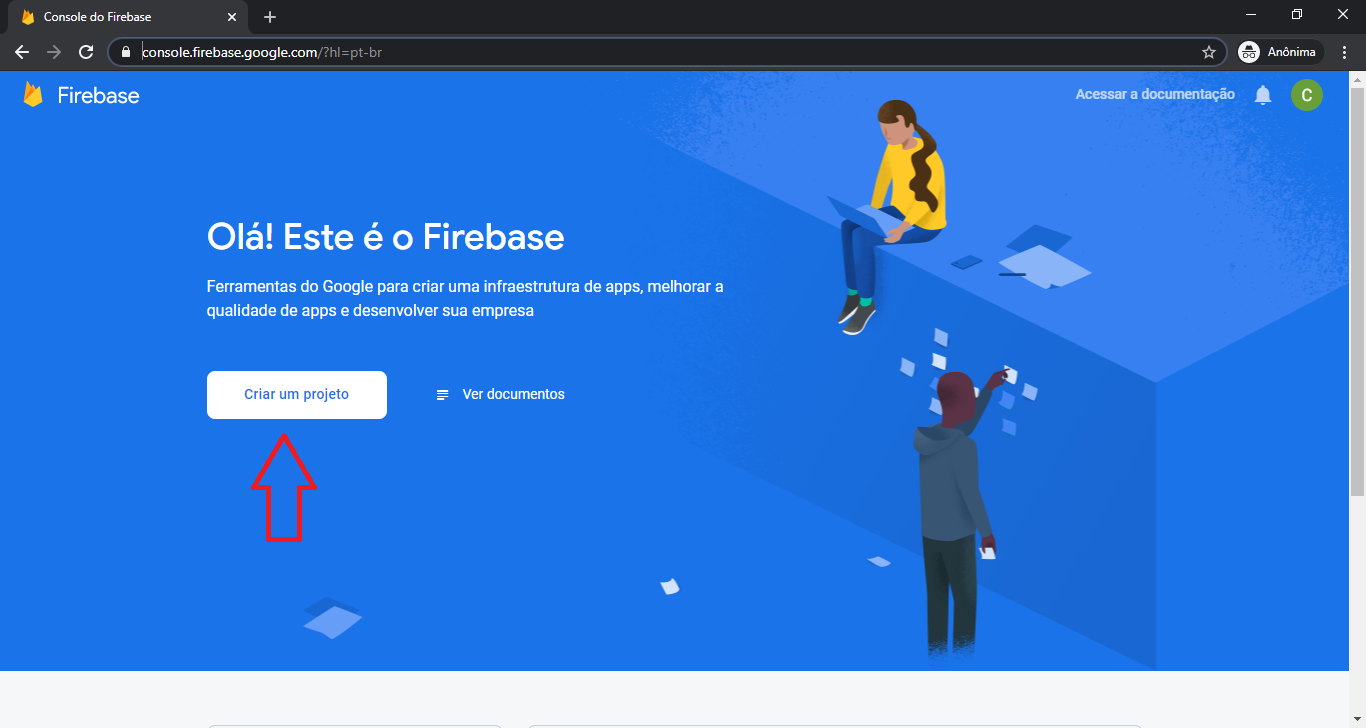 Imagem da tela do console Firebase com uma seta apontando para o botão de “Criar um projeto”