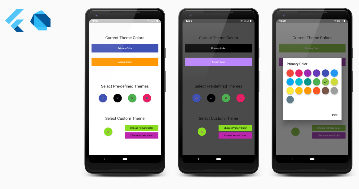No topo, à esquerda, vemos o símbolo do Flutter e do Dart. Em seguida, temos três celulares, cada um com um tema de cores diferentes. O primeiro celular tem um tema com padrão azul e laranja, o segundo tem um tema escuro com preto e lilás, e, o terceiro, um tema customizado com opções de cores primárias.
